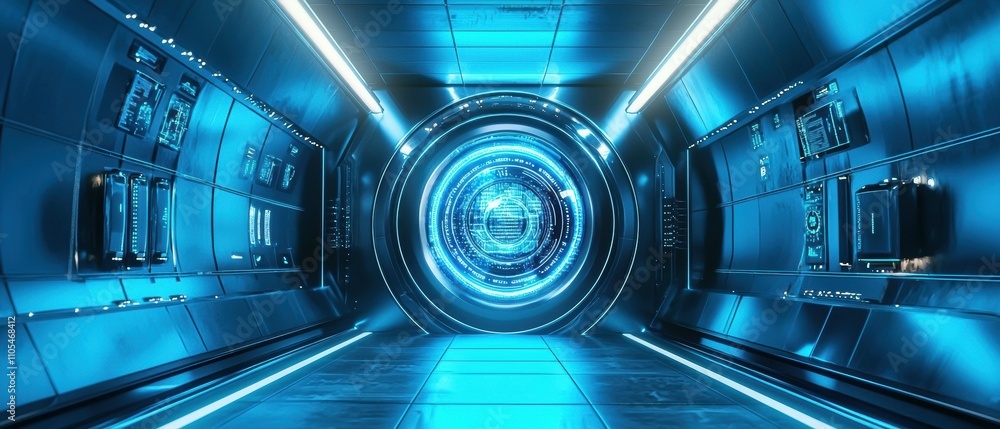 Poster futuristic vault inside a high-tech environment with holographic security systems