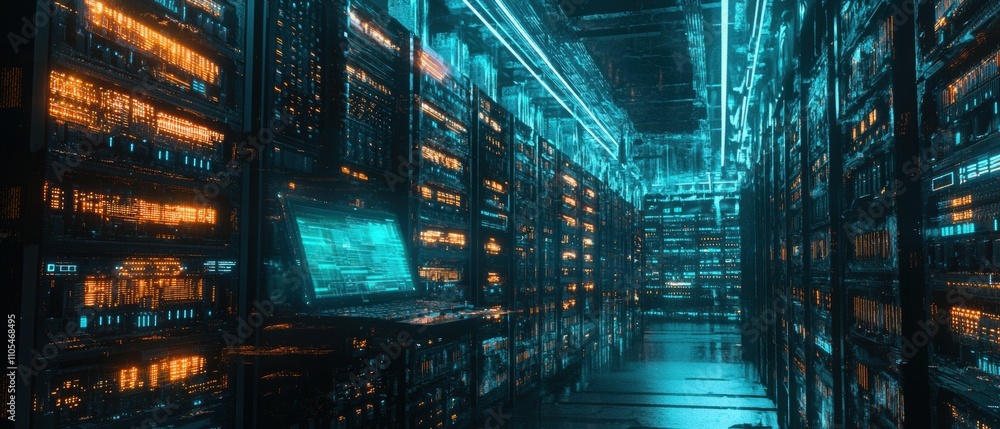 Poster innovative ai server farm high-tech operations in a secure futuristic environment