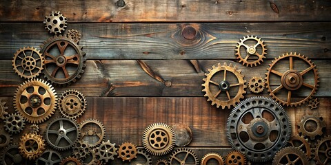 Obraz premium Intricate Clockwork Gears Arranged on Rustic Wooden Background