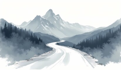 Obraz premium Mountain landscape with winding road in watercolor