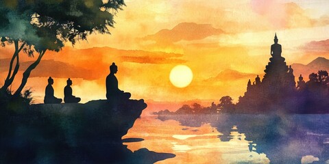 Obraz premium Painting of three people sitting on a rock by a river with a sun in the background. The mood of the painting is peaceful and serene