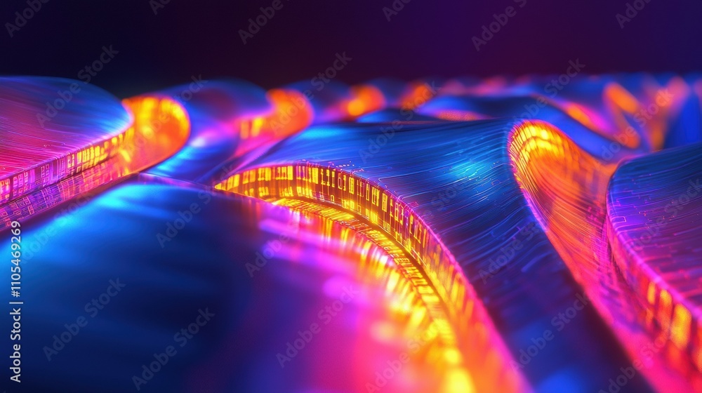 Poster dynamic visualization of encrypted data waves in a futuristic digital environment