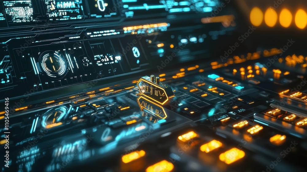 Poster digital encryption keys floating above a futuristic control panel in a tech environment