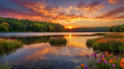 Serene Lake View With Vibrant Sunset And Colorful Wildflowers