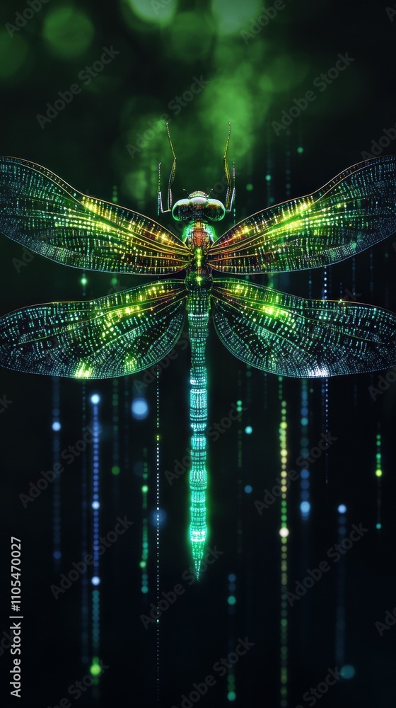 Poster digital art showcase neon green dragonfly with data wings nature visual art abstract technology