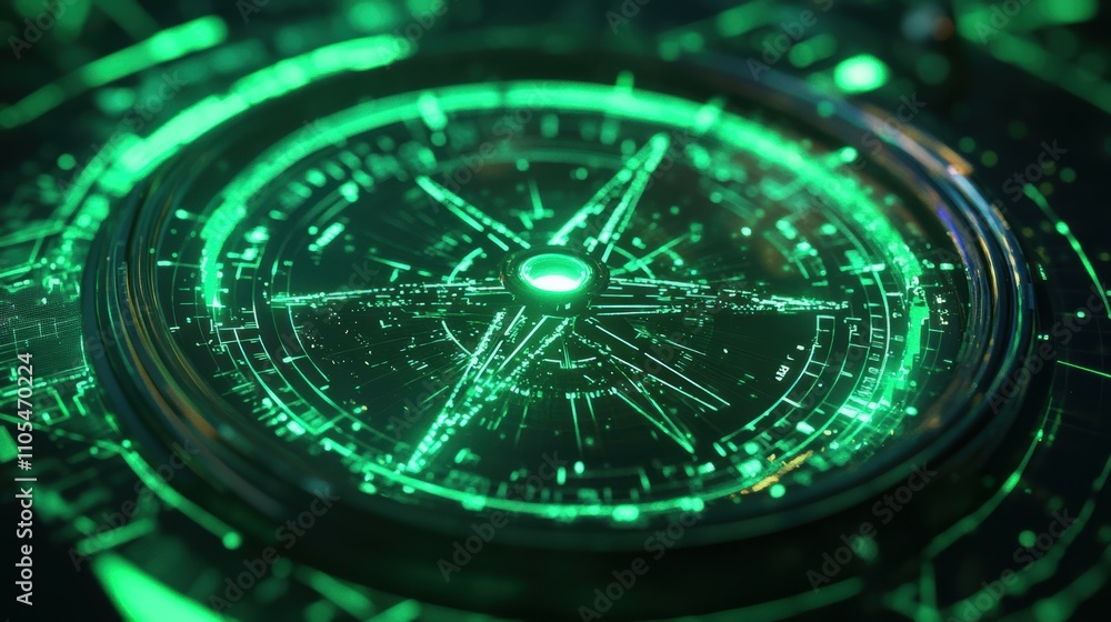Poster glitchy neon green digital compass in futuristic tech environment with abstract design elements