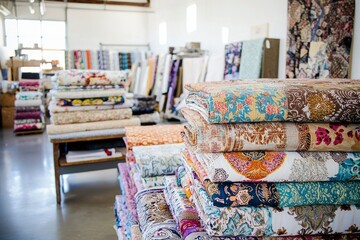 Obraz premium Stacks of Colorful Fabric Rolls in a Shop