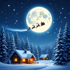 Naklejka premium Christmas scene with Santa flying through the night sky