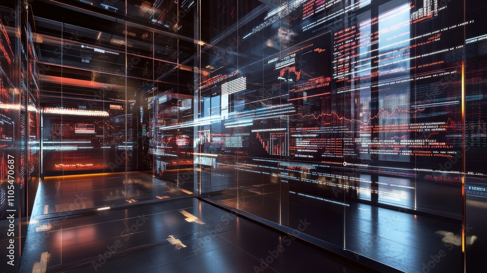 Poster dynamic digital stock tickers displayed on transparent screens in a high-tech environment