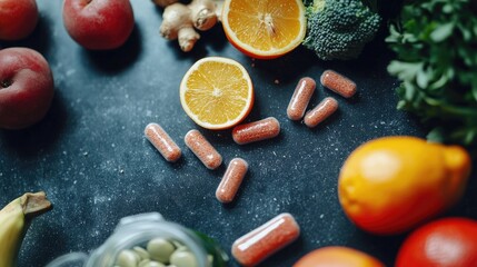 Table with a variety of fruits and vegetables, including oranges, apples, and broccoli. There are also multivitamins on the table