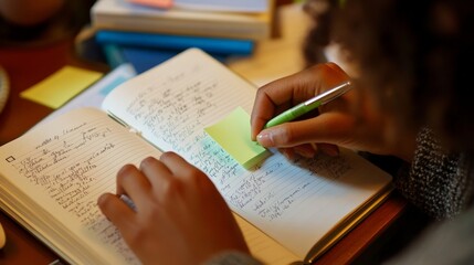 Obraz premium Female adult writing notes in journal with green pen, caucasian.