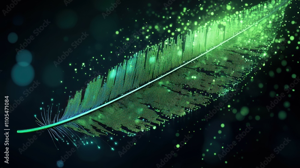 Poster glowing neon green feather with pixelated data in a dark environment abstract art concept