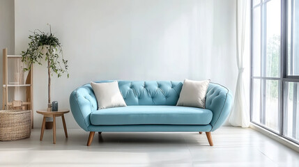 sofa in spacious room against blank white wall with copy space Scandinavian interior design of modern living room