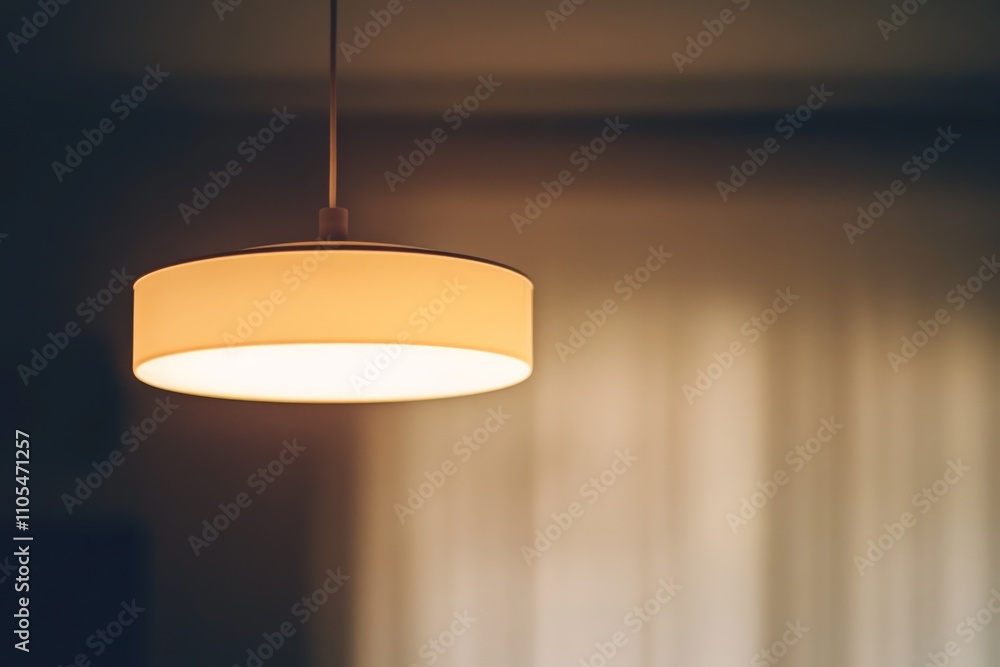 Poster a stylish hanging pendant light with a circular shade, softly illuminating a cozy, warmly lit space,