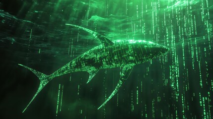 Glowing neon green swordfish swimming through matrix code in an oceanic environment