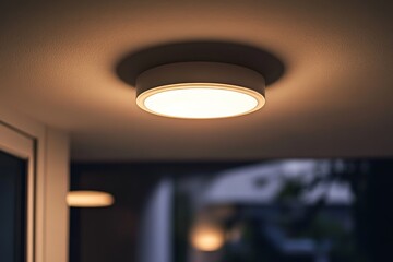 A sleek, modern ceiling light with minimalist design, casting a warm glow and enhancing the clean lines of a contemporary interior living space.
