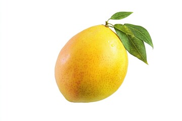 Ripe yellow mango with a green leaf on top. The fruit is fresh and ready to eat