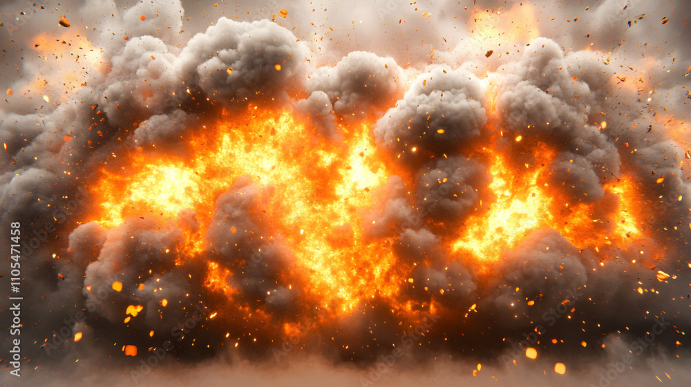 Poster fiery explosion with smoke and debris: a 3d rendered abstract background image
