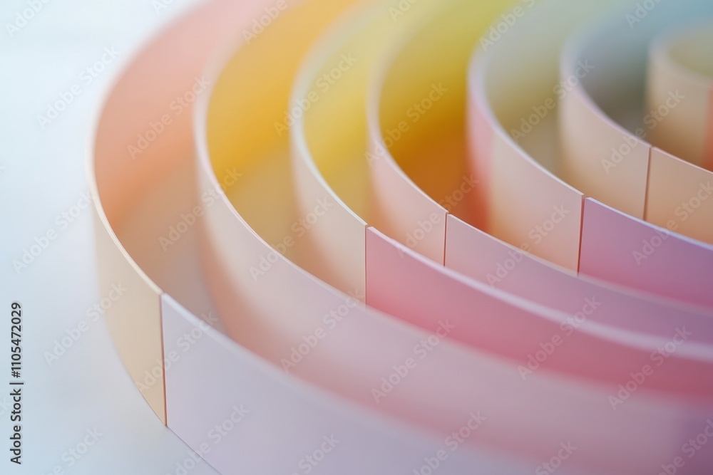 Poster an artistic display of layered pastel paper spirals in soothing hues of pink, yellow, and peach, for