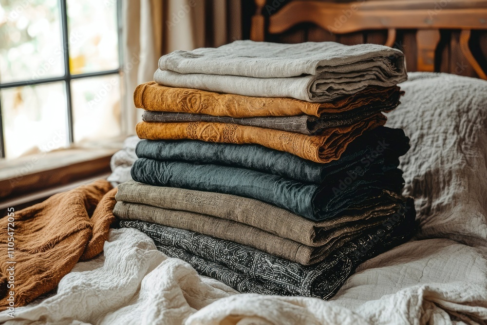 Poster stacked linen fabrics displaying various textures and colors
