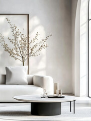 Japandi and  minimalist living room with white sofa and art frame