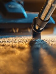 Vacuum cleaner is being used to clean a carpet. The carpet is dirty and the vacuum is being used to suck up the dirt