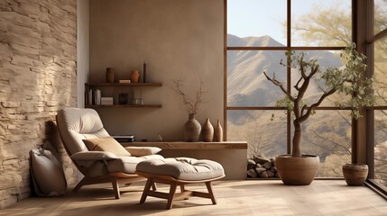 Contemporary round dining table set against a textured 3D stone wall. A perfect blend of modern style and natural materials.
