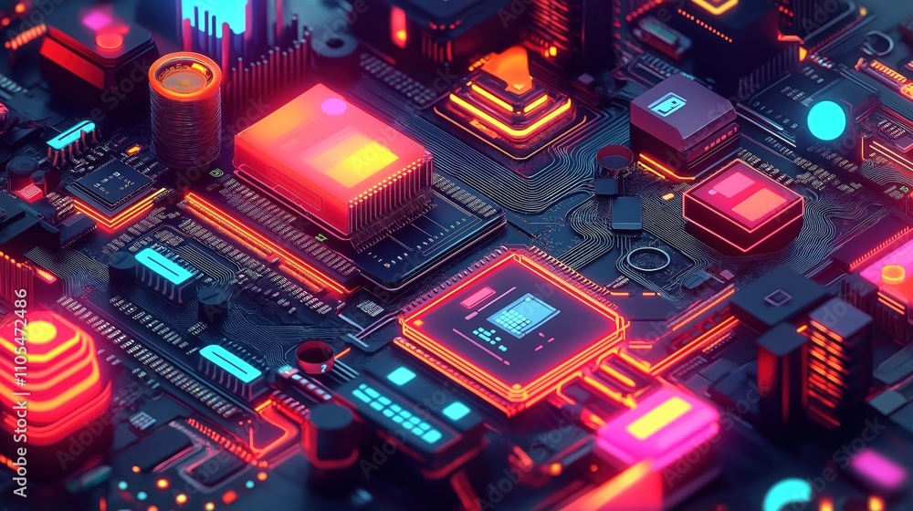 Poster modern tech illustration shows complex app modernization. colorful glowing tech components symbolize
