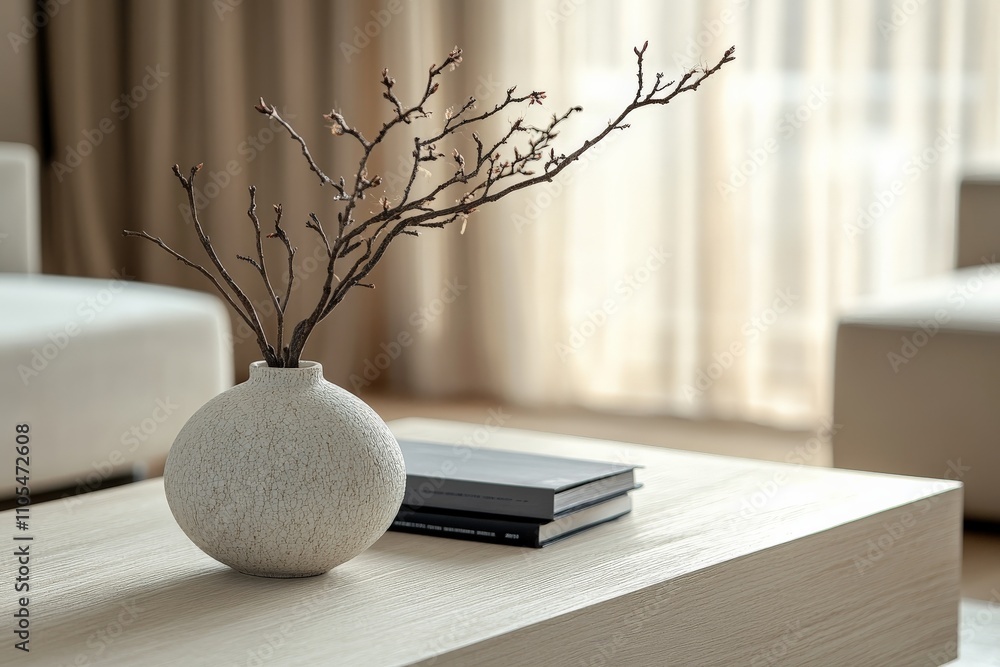 Poster a serene minimalist interior scene with a simple round vase holding delicate branches on a wooden ta