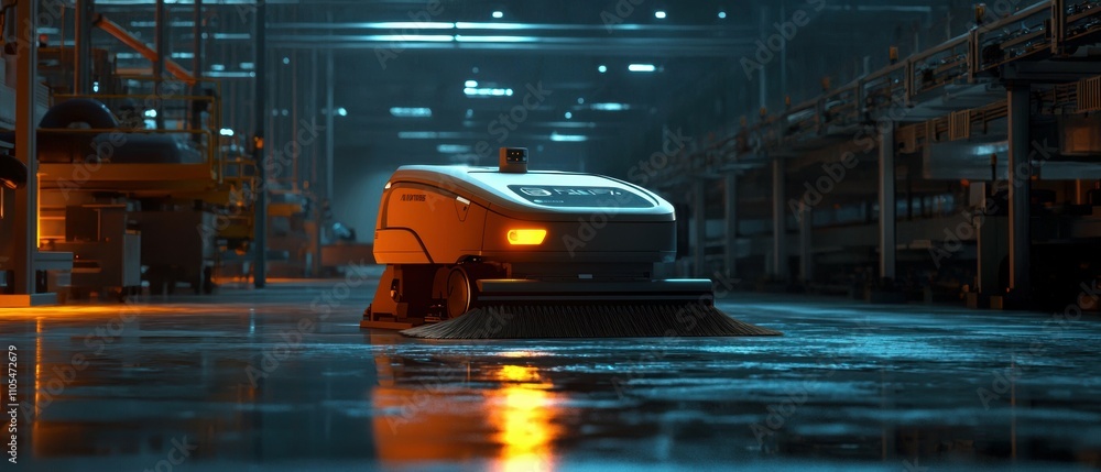 Poster automation concept factory robot scrubbing floors for a clean industrial space