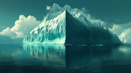 A towering glacial mountain peak rising from a calm sea