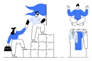 Woman helping man climb puzzle steps holding flag, another meditating atop clothes rack. Ideal for teamwork, leadership, goal setting, organization, mindfulness, balance work-life. Success metaphor