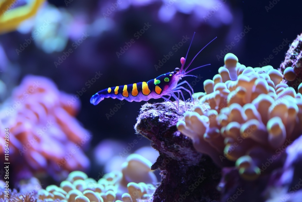 Poster A colorful shrimp is showcased resting on coral, with its vivid patterns and striking colors captured perfectly against a dynamic coral backdrop in the aquarium setting.