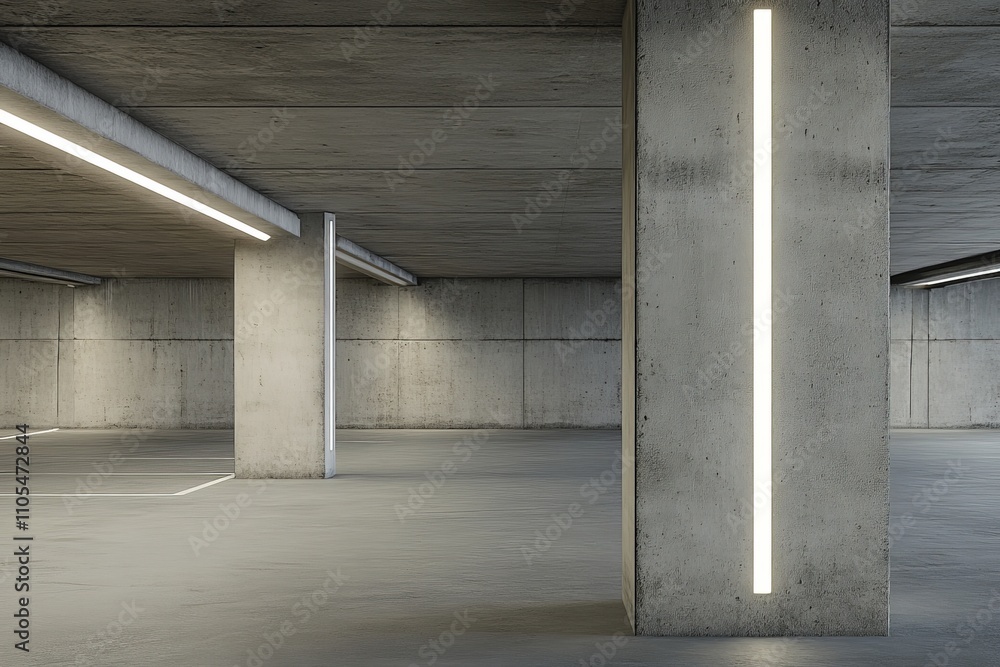 Fototapete an empty parking space with sleek concrete finishes and vertical light features on columns, offering