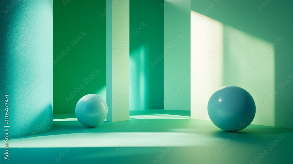 Poster abstract composition featuring spheres and pillars in a green setting with soft lighting