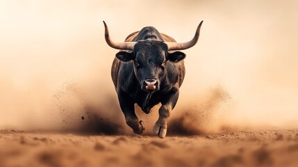 Powerful black bull running towards the camera on a dusty terrain, with raised dust clouds around its hooves, showcasing movement and energy in a dynamic landscape.