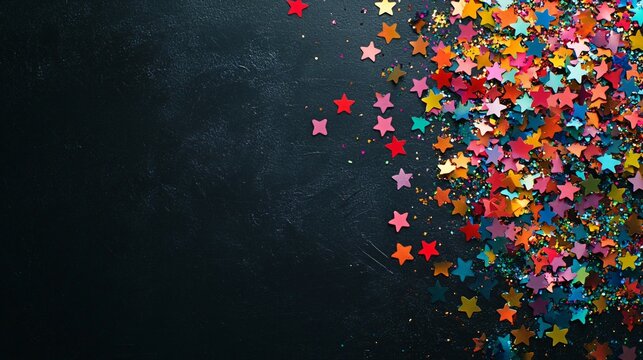 Multicolored holographic confetti shaped like stars scattered sparingly on a glossy black background, with space for writing