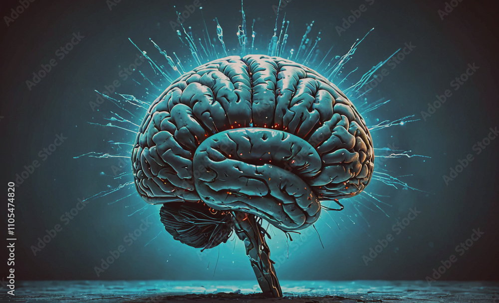 Poster brain with a light shining on it. the brain is surrounded by a blue background