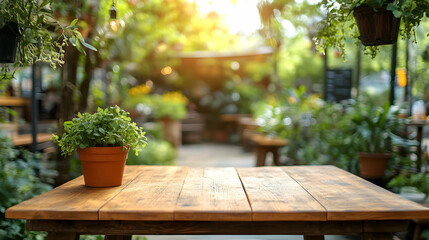 Fototapeta premium Wooden Table in a Lush Green Garden Setting, Sunlight Streaming Through the Leaves, Creating a Peaceful Atmosphere.