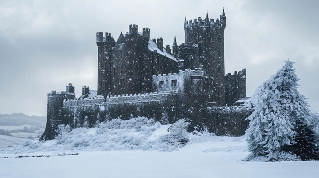 A medieval castle covered in snow with its tall towers looming over a winter landscape.