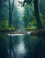 Obraz premium Stream running through a forest with trees in the background