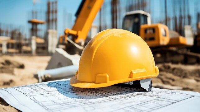 Yellow construction helmet on blueprints at a construction site with blurred excavator and structural elements in the background under a clear blue sky.