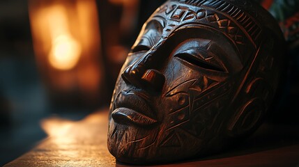 A close-up of a handcrafted wooden mask resting on a table with soft light illuminating its detailed carvings, rich textures of the wood, mysterious and artistic mood, showcasing cultural symbolism