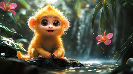 A cute, animated monkey character sitting by a serene water body in a lush, tropical setting.