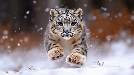 Fototapeta premium Playful Snow Leopard Cub Jumping Through Snowy Forest
