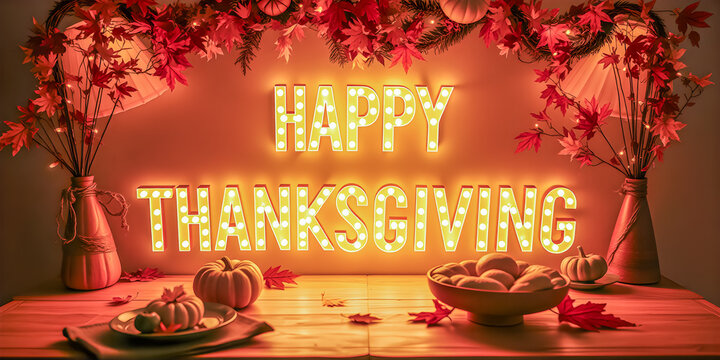 Golden illuminating holiday text with Happy Thanksgiving on flat lay background. Winter holiday seasonal banner with copy space and pumpkins leaves decorations design banner. Ai generated