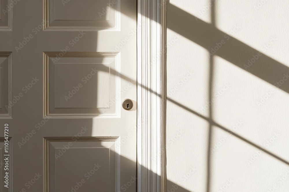 Aufkleber A white door partially illuminated by sunlight casting sharp shadows on its surface, highlighting the contrast between light and dark in a serene indoor setting.