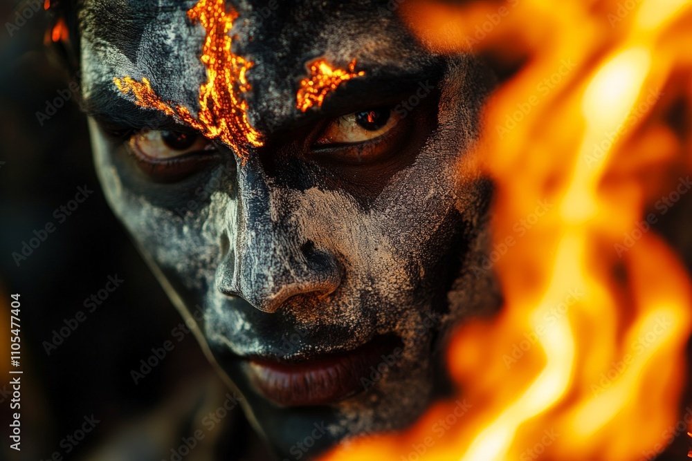 Poster a vivid fiery portrait presents an intense stare amidst dramatic flames, showcasing themes of myster