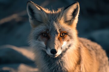 Fototapeta premium A fox with striking eyes stares intensely at the camera, surrounded by a natural backdrop, highlighting the wild beauty and enigmatic presence of this creature.