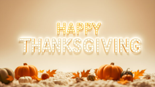 Golden illuminating holiday text with Happy Thanksgiving on flat lay background. Winter holiday seasonal banner with copy space and pumpkins leaves decorations design banner. Ai generated